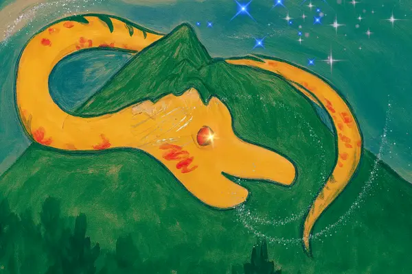 Gelber Drache mit leuchtendem Auge umwickelt den Pöstlingberg