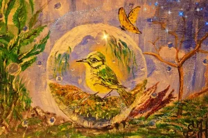 Magischer Vogel in einer leuchtenden Sphäre, umgeben von Natur und Fantasie.