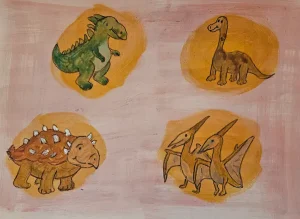 Vier bunte Dinosaurier auf orangem Hintergrund – führt zur Übung für Kinder.