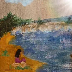 Mädchen sitzt still auf einem Stein am Flussufer und blickt in das Wasser der Una.