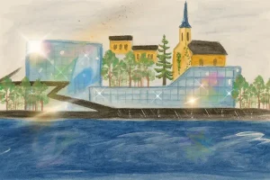 Illustration des Ars Electronica Centers mit Lichtreflexen und historischer Architektur am Wasser.
