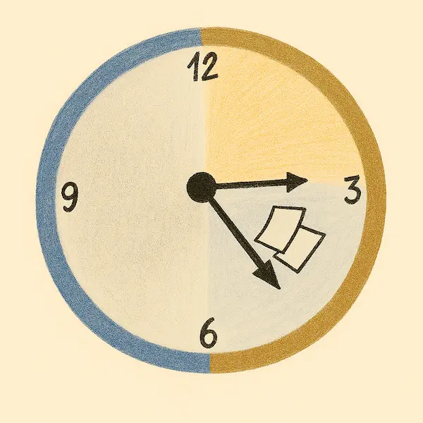 Eine Illustration einer analogen Uhr, deren Zifferblatt in zwei Hälften geteilt ist: Die linke Seite zeigt graue, nebelhafte Strukturen ohne Zeiger – ein Symbol für Vergessen. Die rechte Seite leuchtet in warmen Farben, mit schwebenden Zeigern und fliegenden Papierblättern – ein Sinnbild für Erinnerung. Zwischen drei und vier Uhr steht das Wort ‚Erinnerung