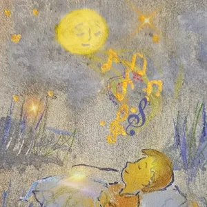 Ein Kind schläft unter freiem Himmel, während ein leuchtender Mond mit Gesicht bunte Musiknoten herabsendet – eine Szene voller nächtlicher Magie und Geborgenheit.
