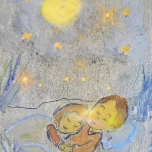 Zwei schlafende Figuren liegen unter einer Decke im nächtlichen Gras, während der Mond mit Gesicht über ihnen wacht – eine Szene voller Geborgenheit, Sternenlicht und stiller Nähe.