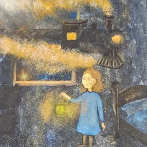 Ein nächtlicher Zug fährt durch eine Traumlandschaft – mit funkelnden Sternen, leiser Magie und offenen Türen für kleine Herzen, die träumen wollen.