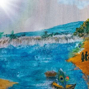 Ein stilisierter Holzboot mit Pfauenfeder treibt auf der lebhaften Una, während Kinder am Ufer stehen und ein Wasserfall im Hintergrund rauscht.