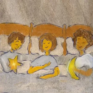 Drei Kinder liegen friedlich im Bett, während ein neuer Tag langsam erwacht – mit einem Stern in der Hand, einem Mond am Herzen und Träumen, die noch nachklingen.