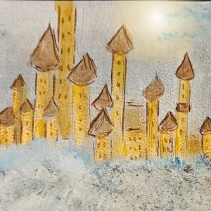 Ein leuchtender Fantasiestadt schwebt in den Wolken, während Kinder tanzen und spielen – eine Szene voller Leichtigkeit, Wärme und träumerischer Freude.