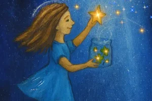 Mädchen nimmt Sterne vom Himmel, während Tiere im Dunkeln traurig sind.