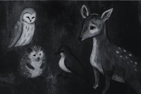 Traurige Tiere in dunkler Nacht ohne Sterne