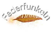 Logo von Federfunkeln – stilisierte Feder mit Lichtspur